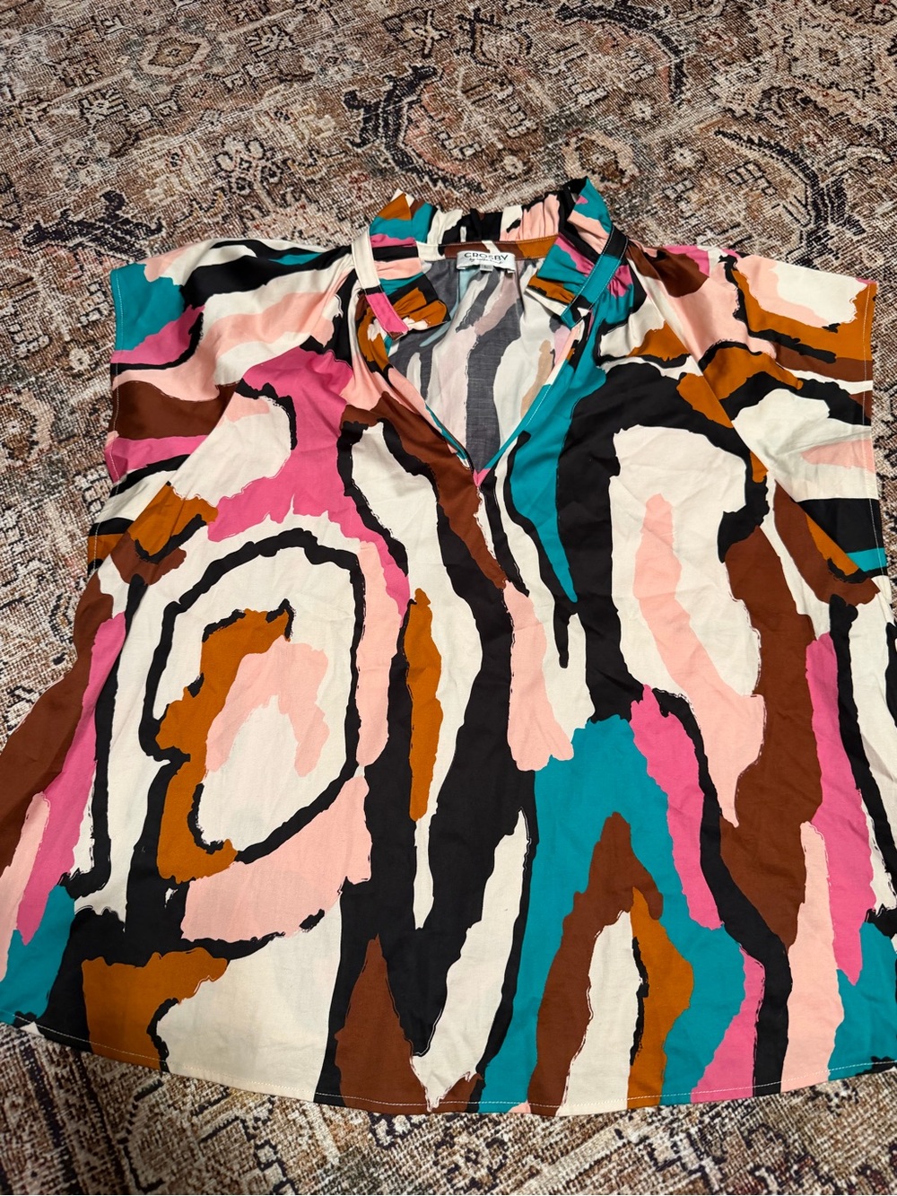 crosby. Multicolor Abstract V-Neck Blouse with Pink, Teal & Brown